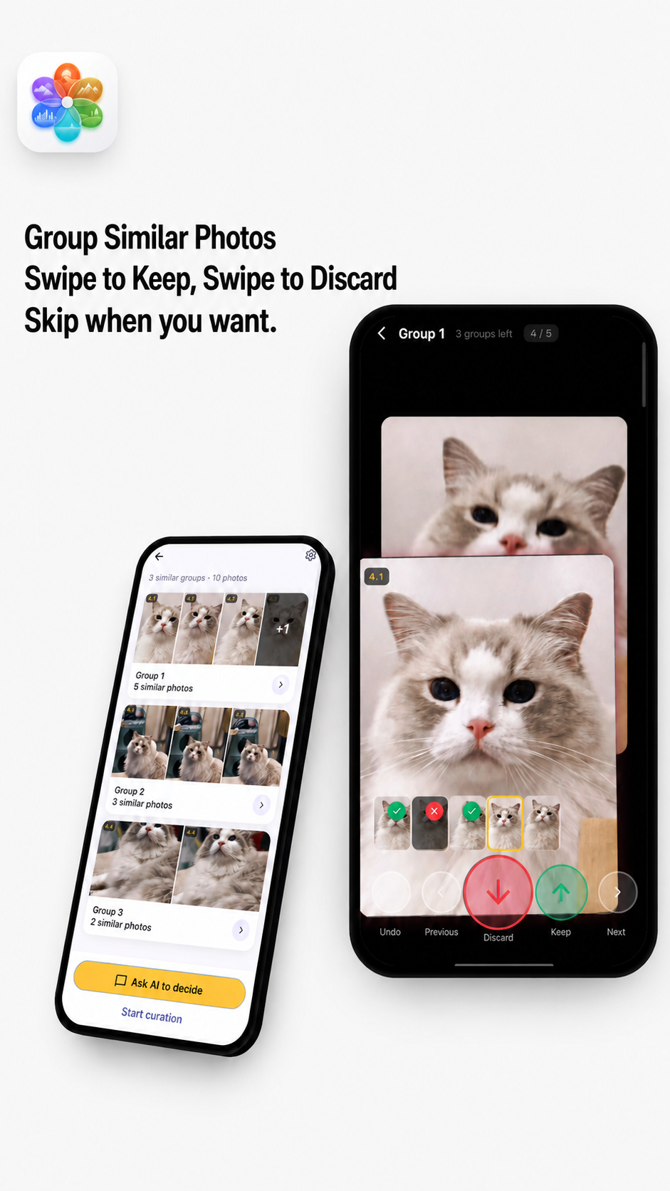 AIPick similar photo grouping and swipe curation screens